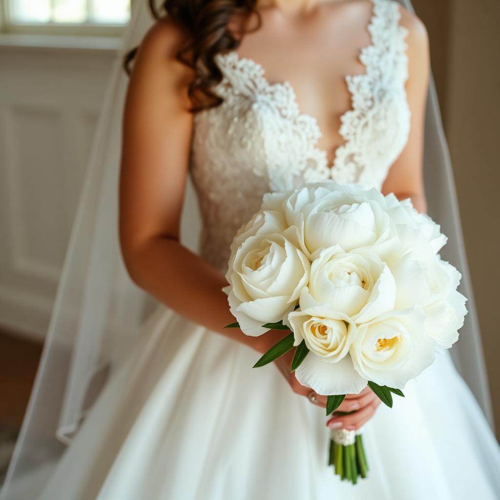 Detalhe do buquê de noiva com rosas brancas