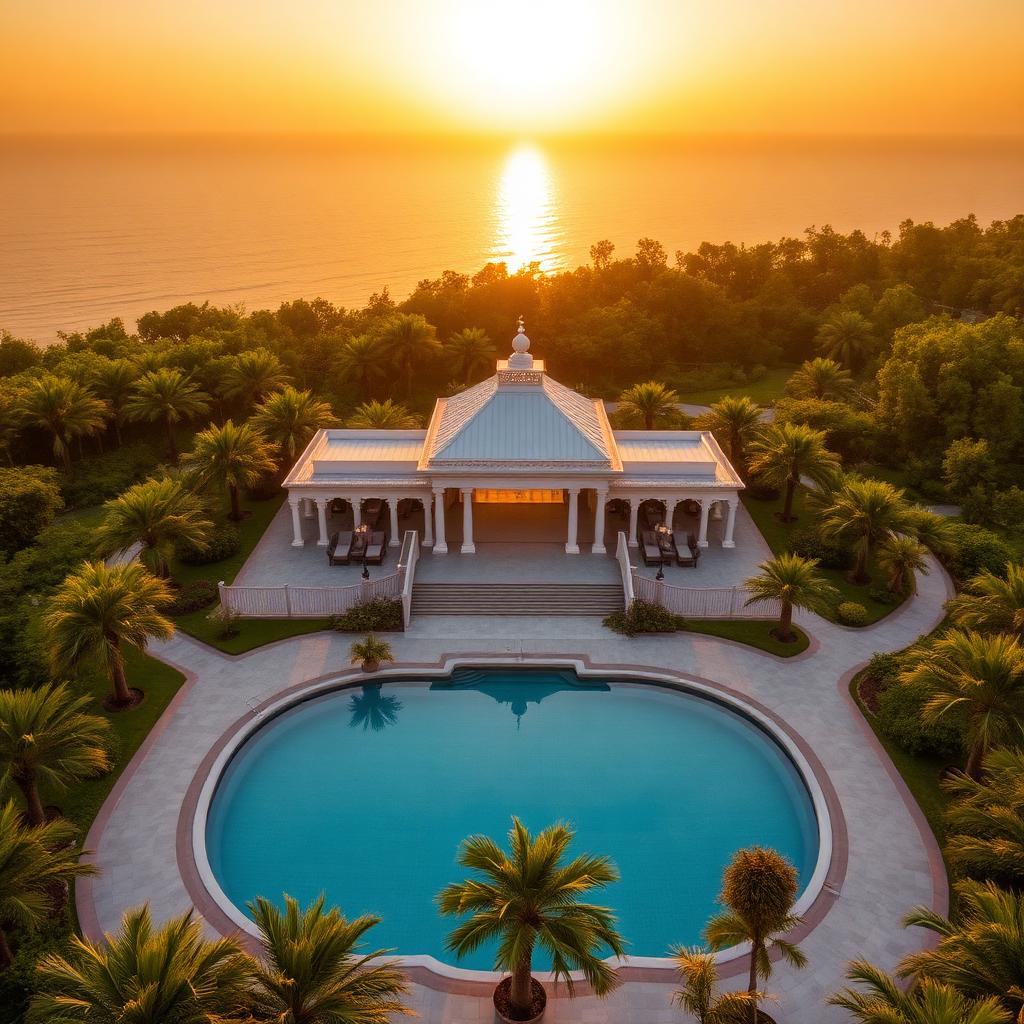Vista aérea do mini resort Villa Mavie ao entardecer